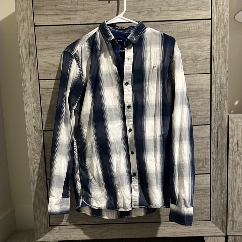 Men's Blue and White Plaid Shirt